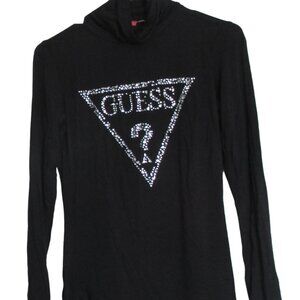 Guess Turtle Neck T Shirt Womens Medium Black‎ Long Sleeve Pullover Sequin Top
